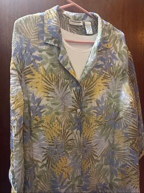 C.D. Daniels Tropical Leaf Button-Up Blouse - Yellow, Blue, Green 2x